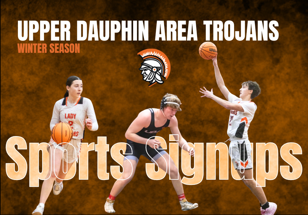 three student athletes on a dark background with orange text saying sports signups